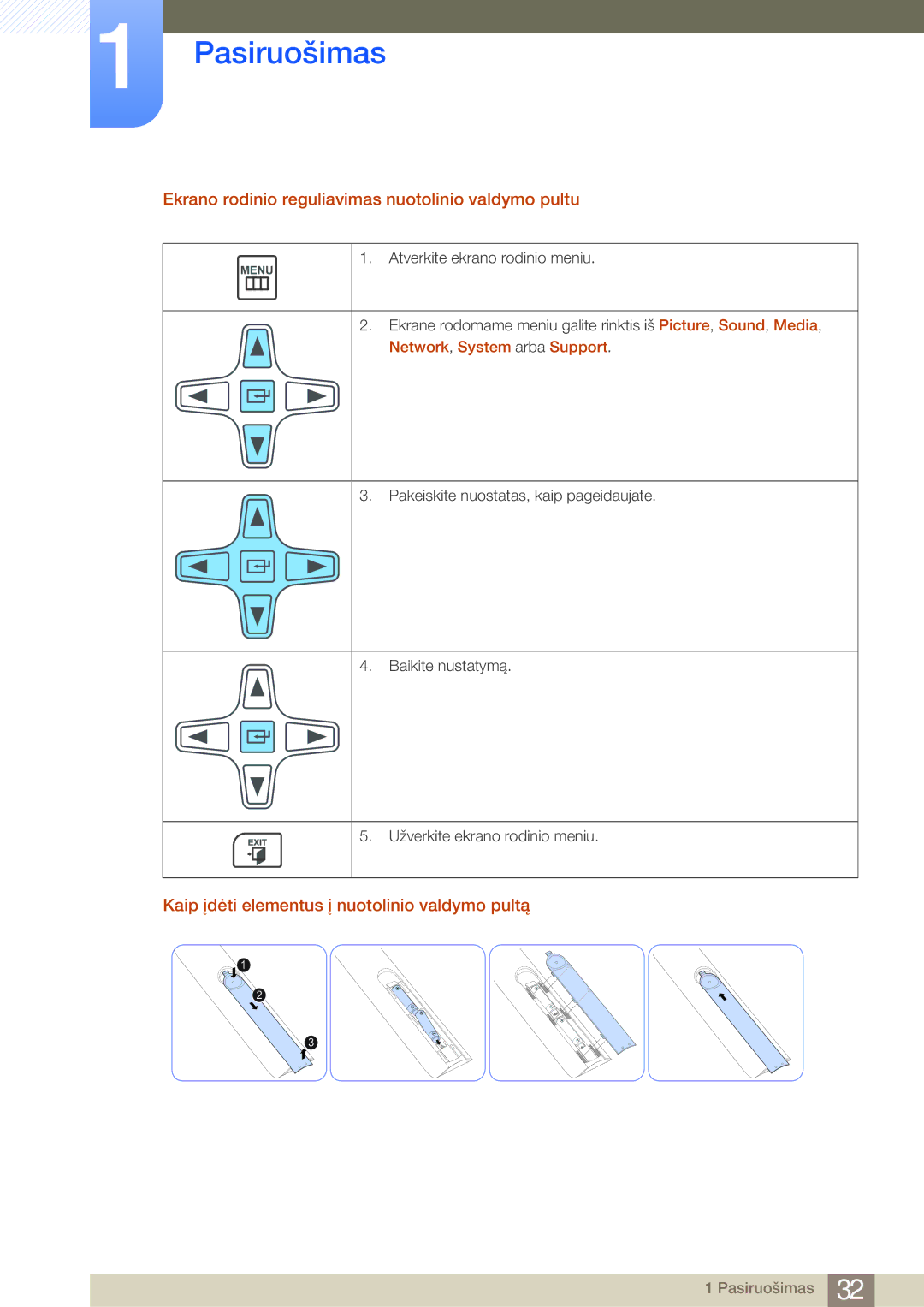 Samsung LH75MEBPLGC/EN manual Ekrano rodinio reguliavimas nuotolinio valdymo pultu, Network, System arba Support 