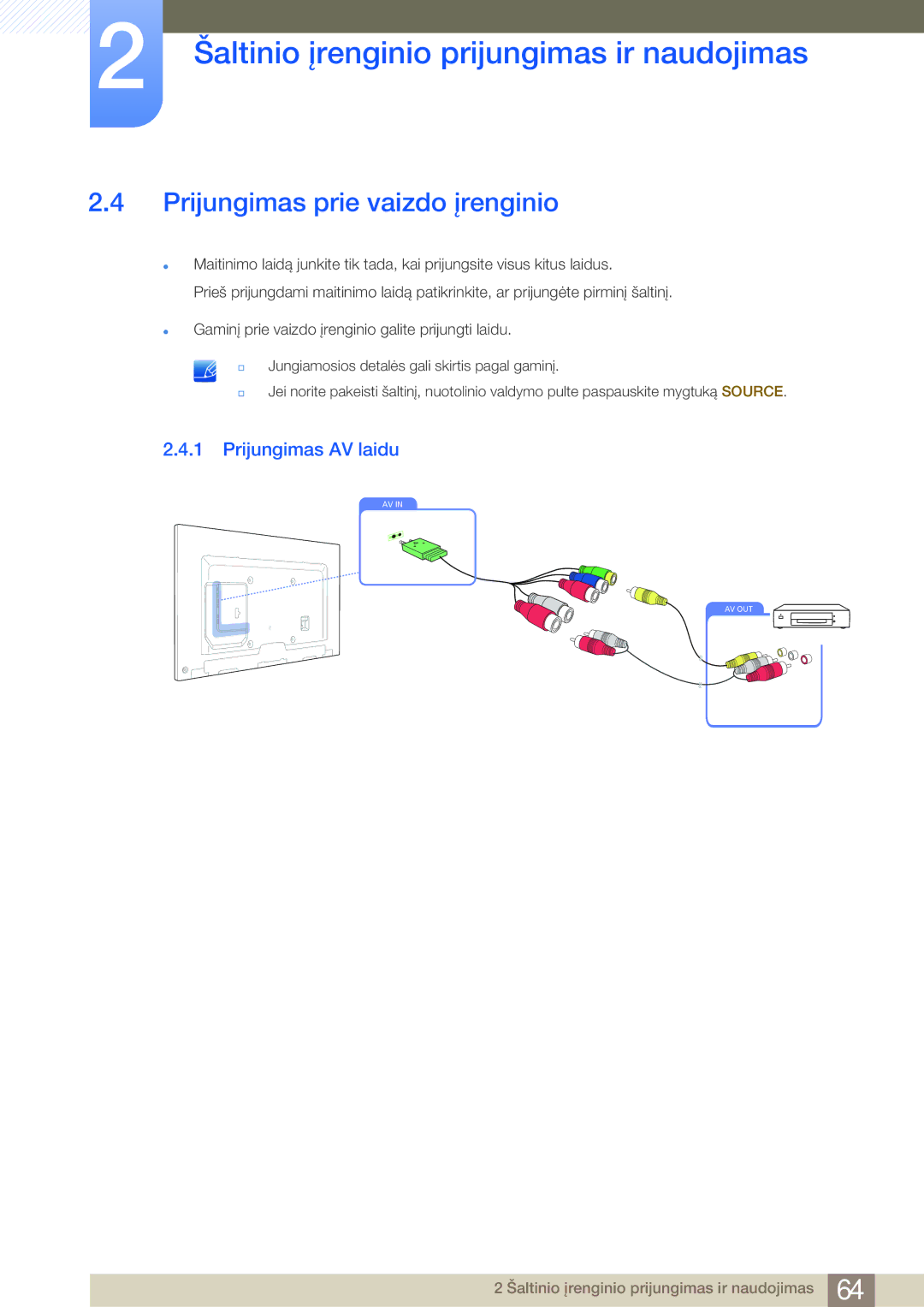 Samsung LH75MEBPLGC/EN manual Prijungimas prie vaizdo įrenginio, Prijungimas AV laidu 