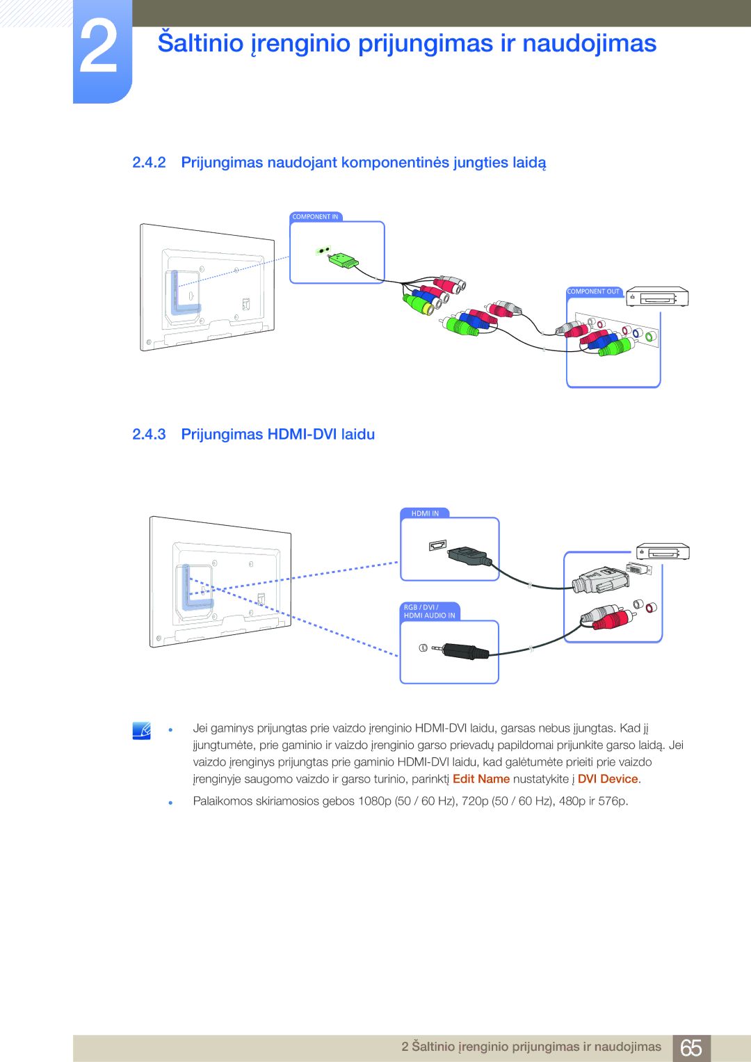 Samsung LH75MEBPLGC/EN manual Prijungimas naudojant komponentinės jungties laidą, Prijungimas HDMI-DVI laidu 