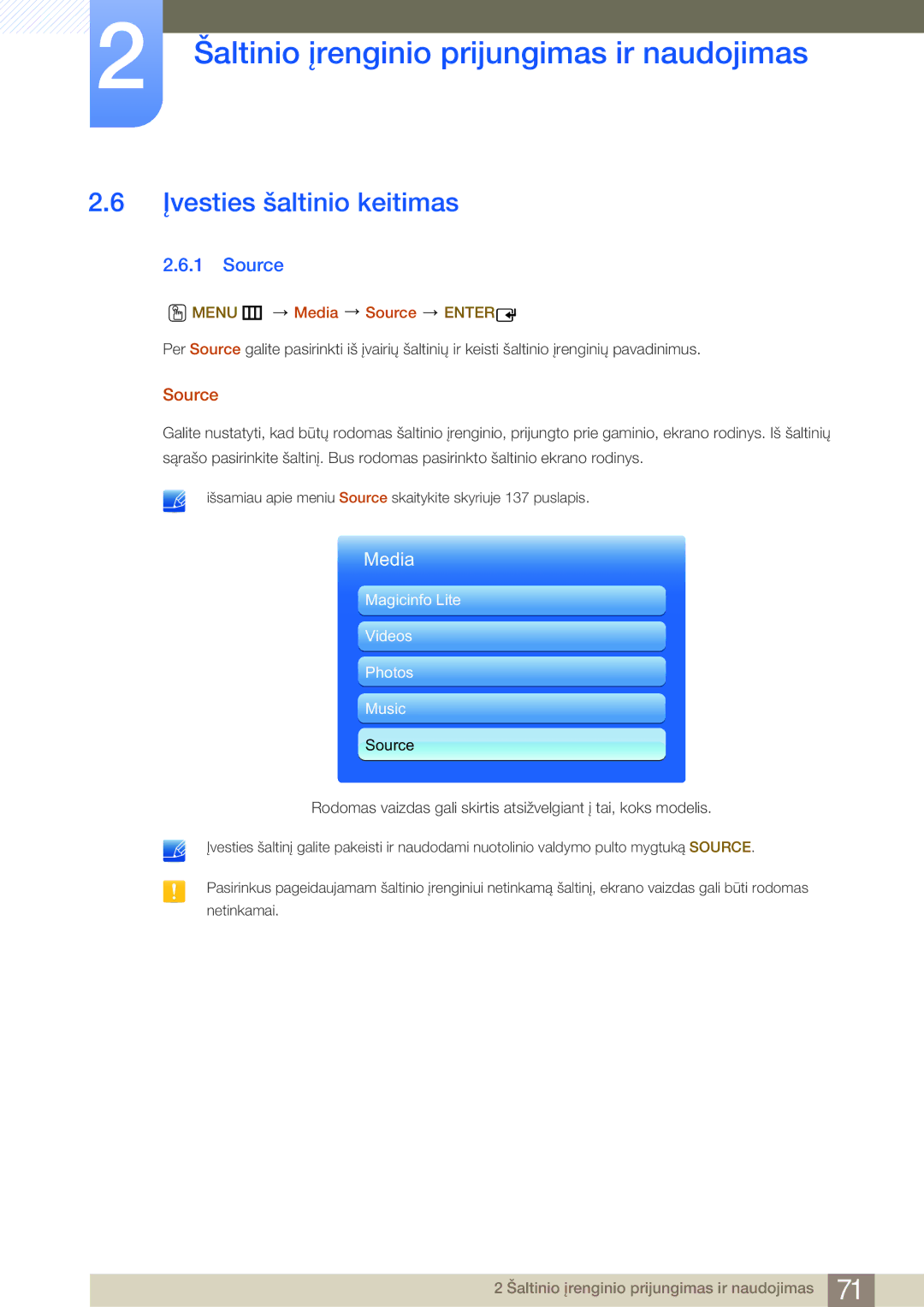 Samsung LH75MEBPLGC/EN manual Įvesties šaltinio keitimas, Menu m Media Source Enter 