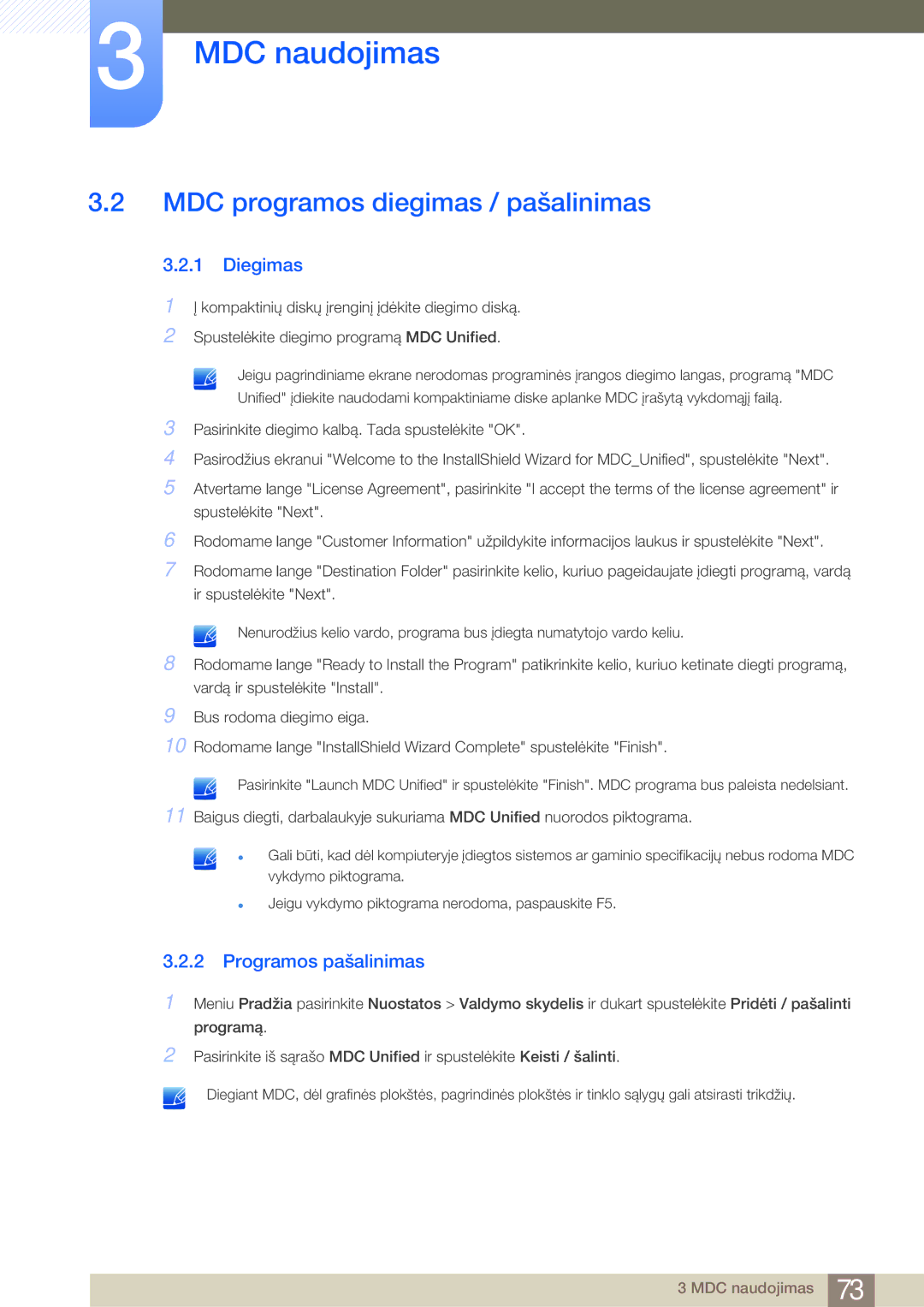 Samsung LH75MEBPLGC/EN manual MDC programos diegimas / pašalinimas, Programos pašalinimas 