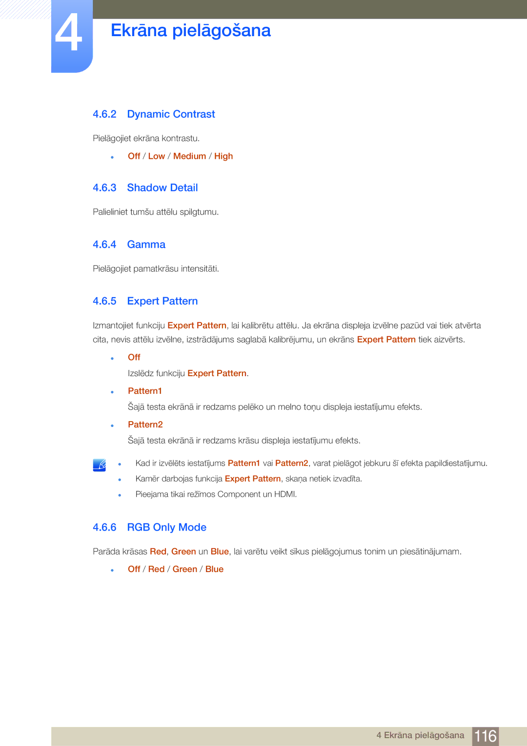 Samsung LH75MEBPLGC/EN manual Dynamic Contrast, Shadow Detail, Gamma, Expert Pattern, RGB Only Mode 