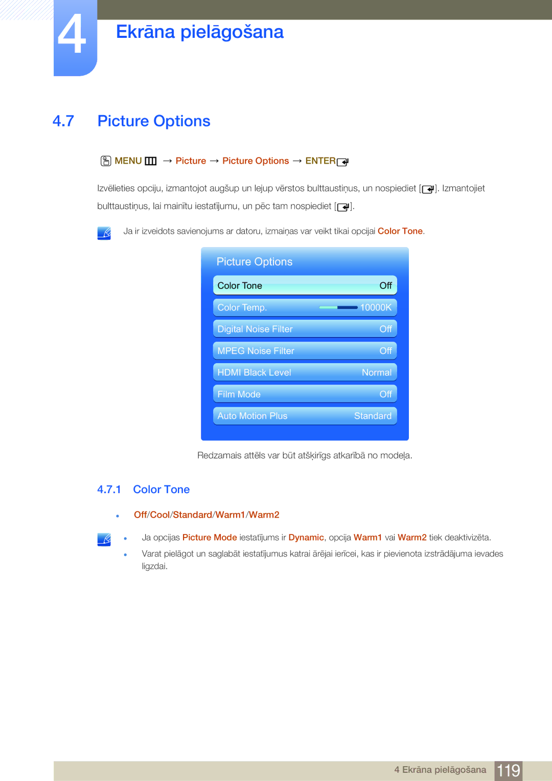 Samsung LH75MEBPLGC/EN manual Color Tone, Menu m Picture Picture Options Enter, Off/Cool/Standard/Warm1/Warm2 