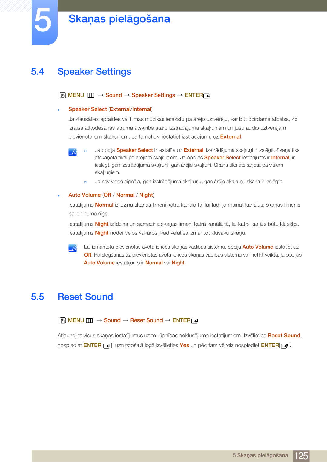 Samsung LH75MEBPLGC/EN manual Speaker Settings, Auto Volume Off / Normal / Night, Menu m Sound Reset Sound Enter 