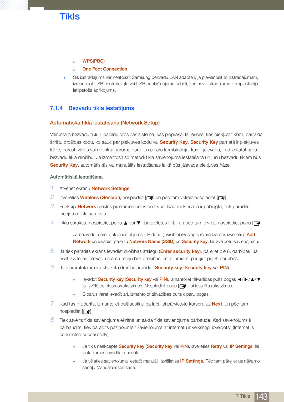 Samsung LH75MEBPLGC/EN manual Bezvadu tīkla iestatījums, Automātiska tīkla iestatīšana Network Setup, One Foot Connection 