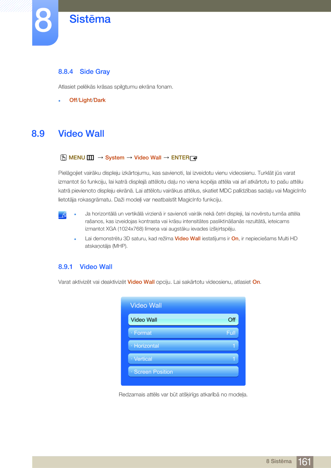 Samsung LH75MEBPLGC/EN manual Side Gray, Off/Light/Dark, Menu m System Video Wall Enter 