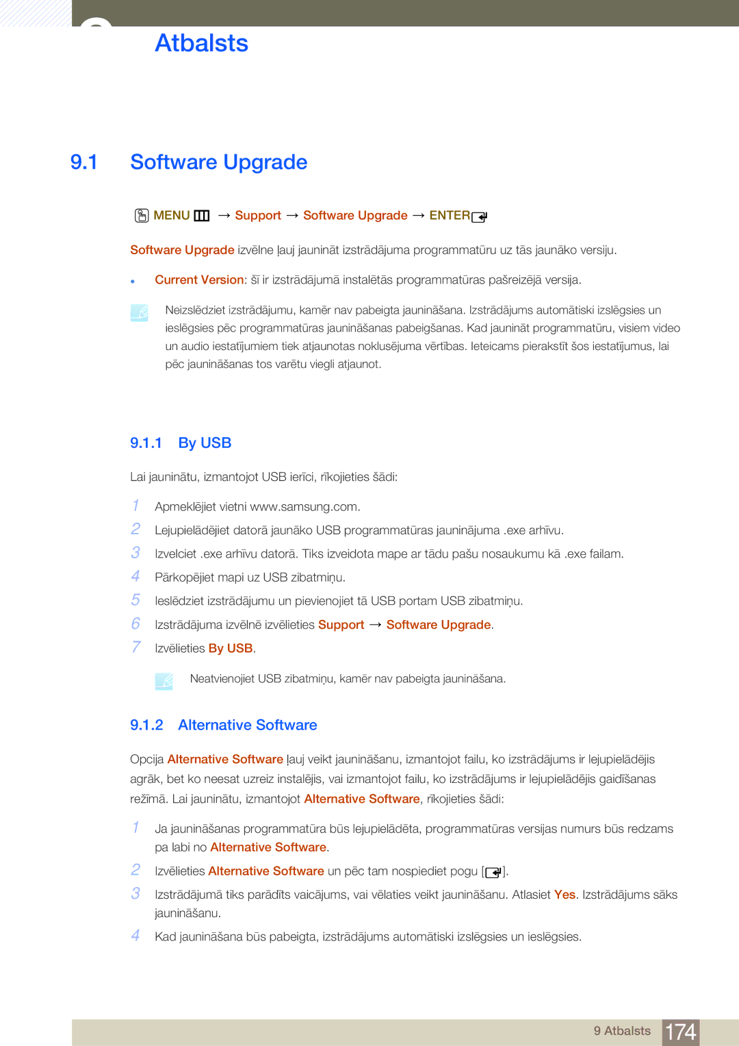 Samsung LH75MEBPLGC/EN manual Atbalsts, By USB, Alternative Software, Menu m Support Software Upgrade Enter 