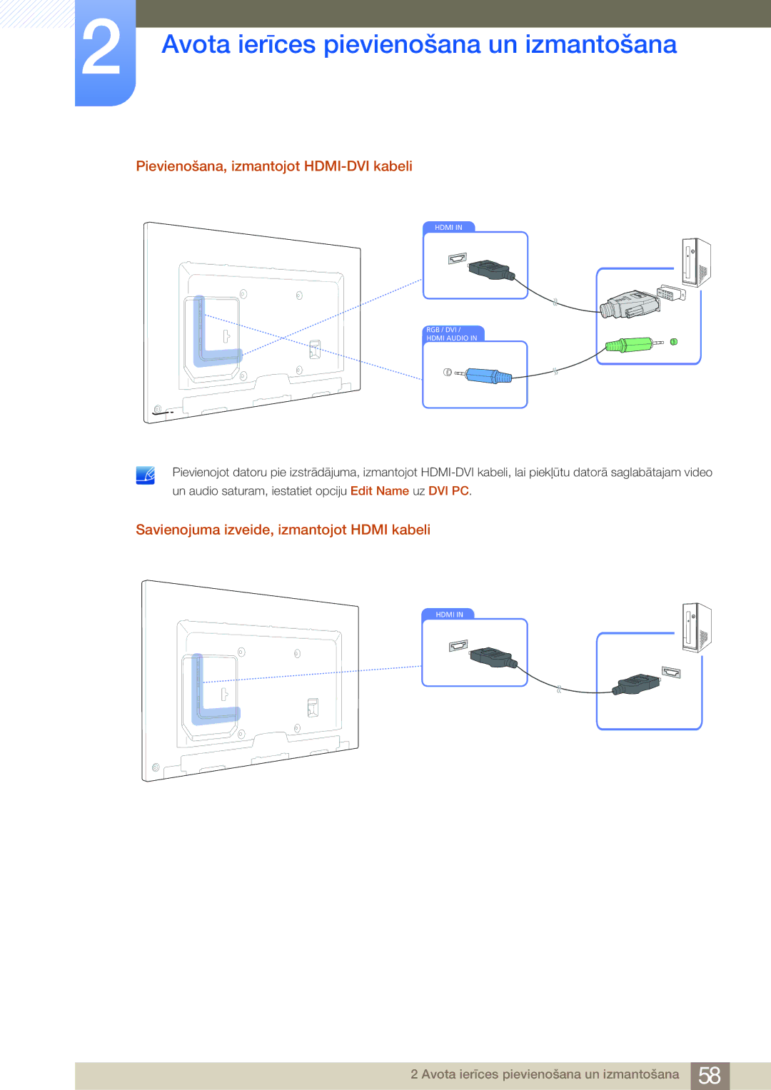 Samsung LH75MEBPLGC/EN manual Pievienošana, izmantojot HDMI-DVI kabeli, Savienojuma izveide, izmantojot Hdmi kabeli 