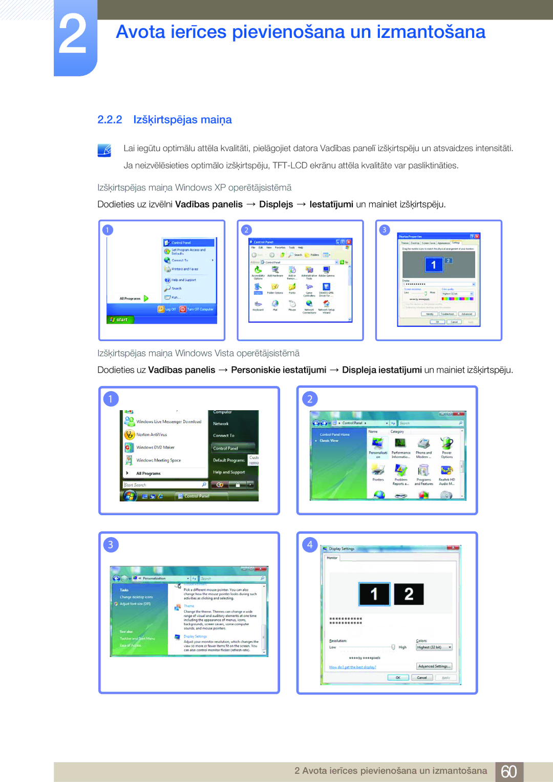 Samsung LH75MEBPLGC/EN manual 2 Izšķirtspējas maiņa, Izšķirtspējas maiņa Windows XP operētājsistēmā 