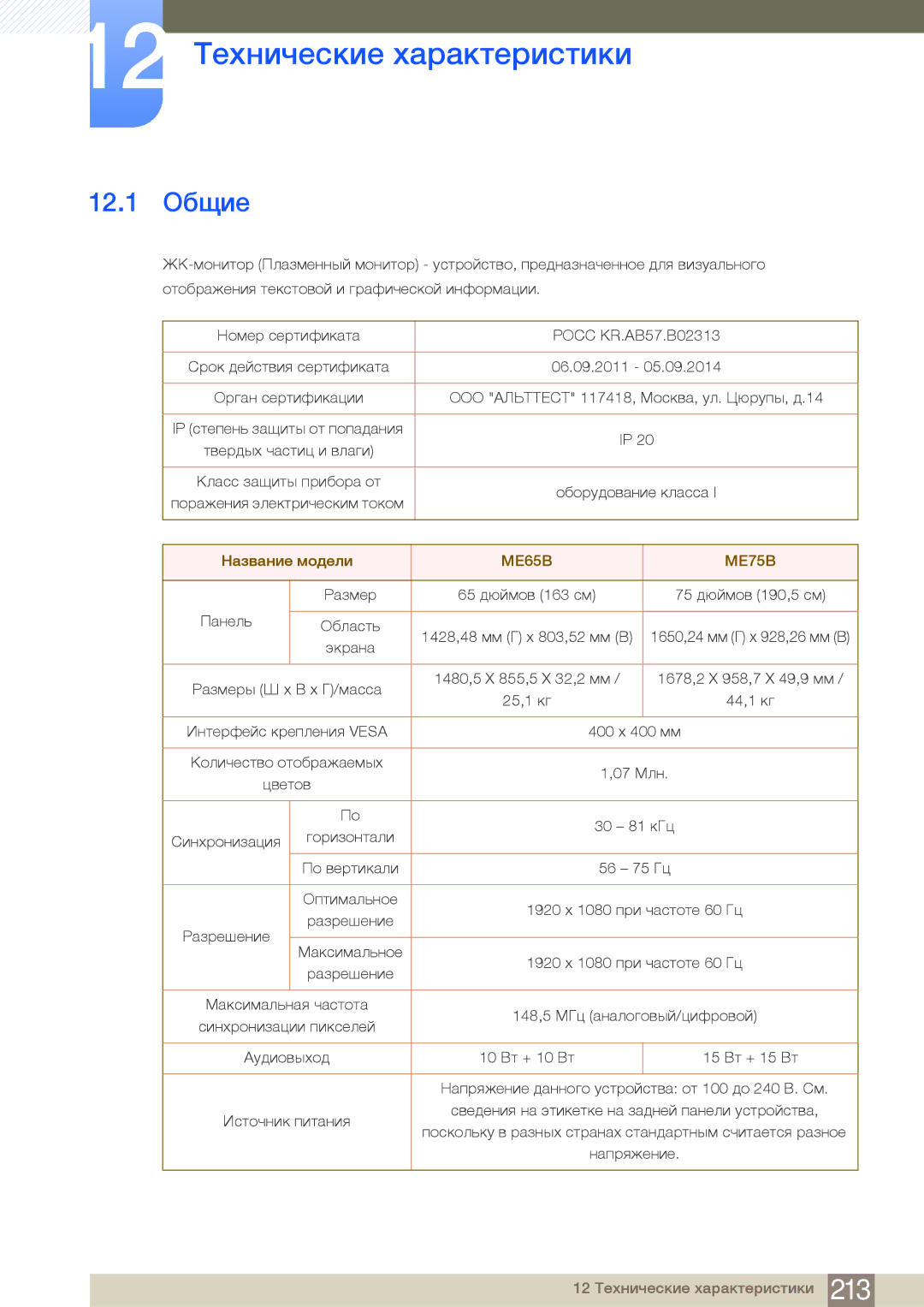 Samsung LH75MEBPLGC/EN manual 12.1 Общие, Название модели 