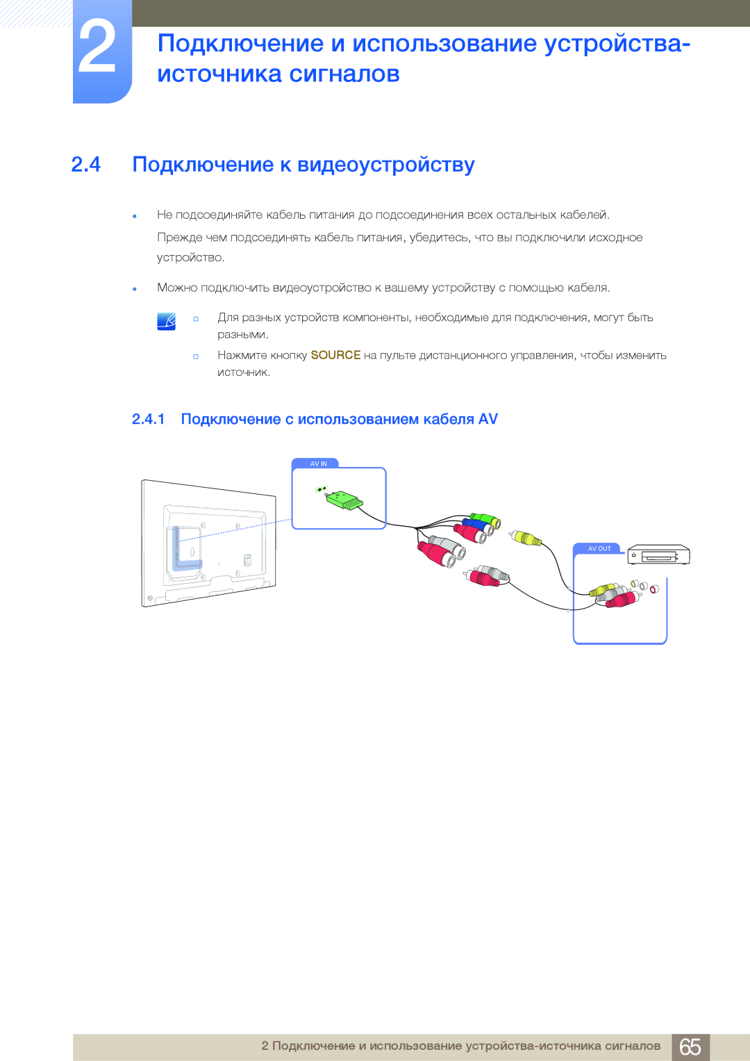 Samsung LH75MEBPLGC/EN manual Подключение к видеоустройству, 1 Подключение с использованием кабеля AV 