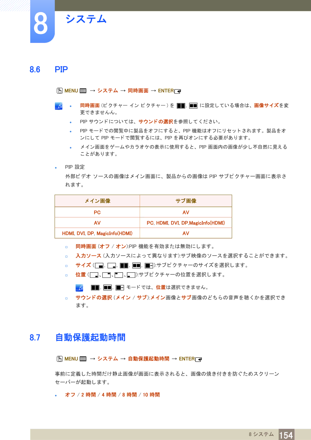 Samsung LH75MEBPLGC/XJ, LH65MEBPLGC/XJ manual Pip, 自動保護起動時間 