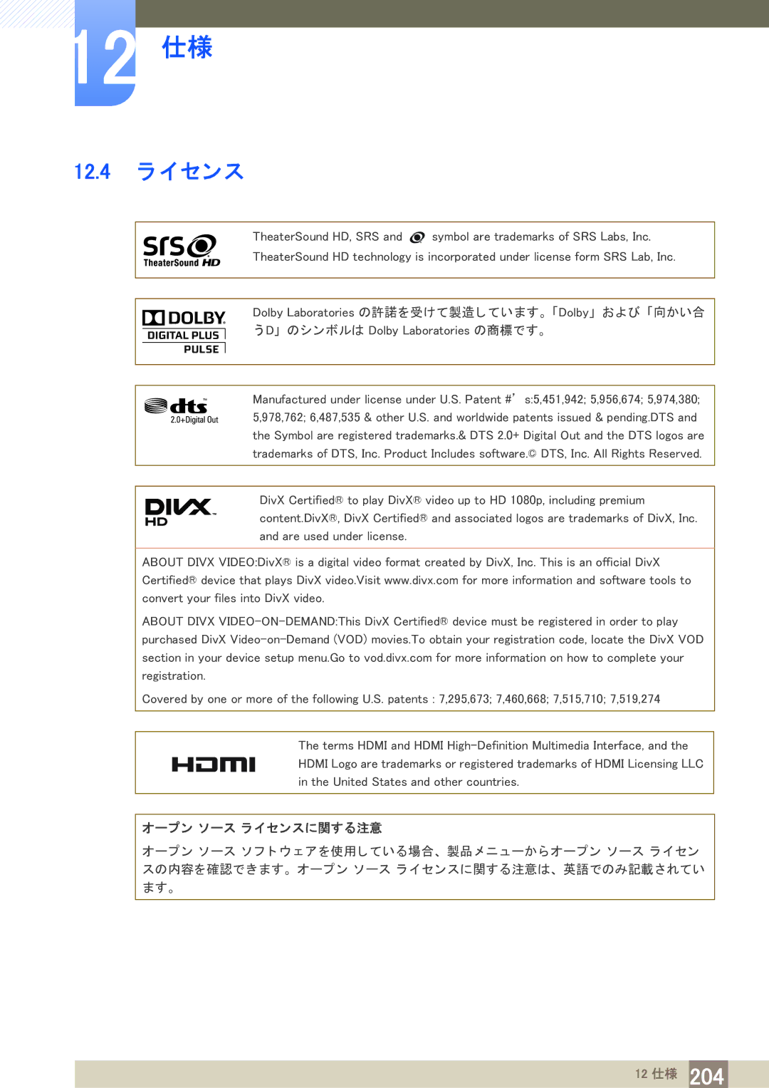 Samsung LH75MEBPLGC/XJ, LH65MEBPLGC/XJ manual 12.4 ラ イセンス, オープン ソース ラ イセンスに関する注意 