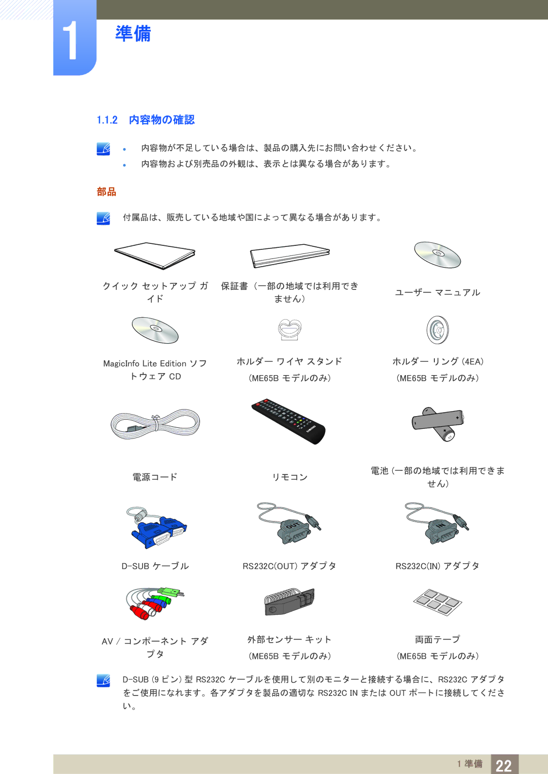 Samsung LH75MEBPLGC/XJ, LH65MEBPLGC/XJ manual 2 内容物の確認 