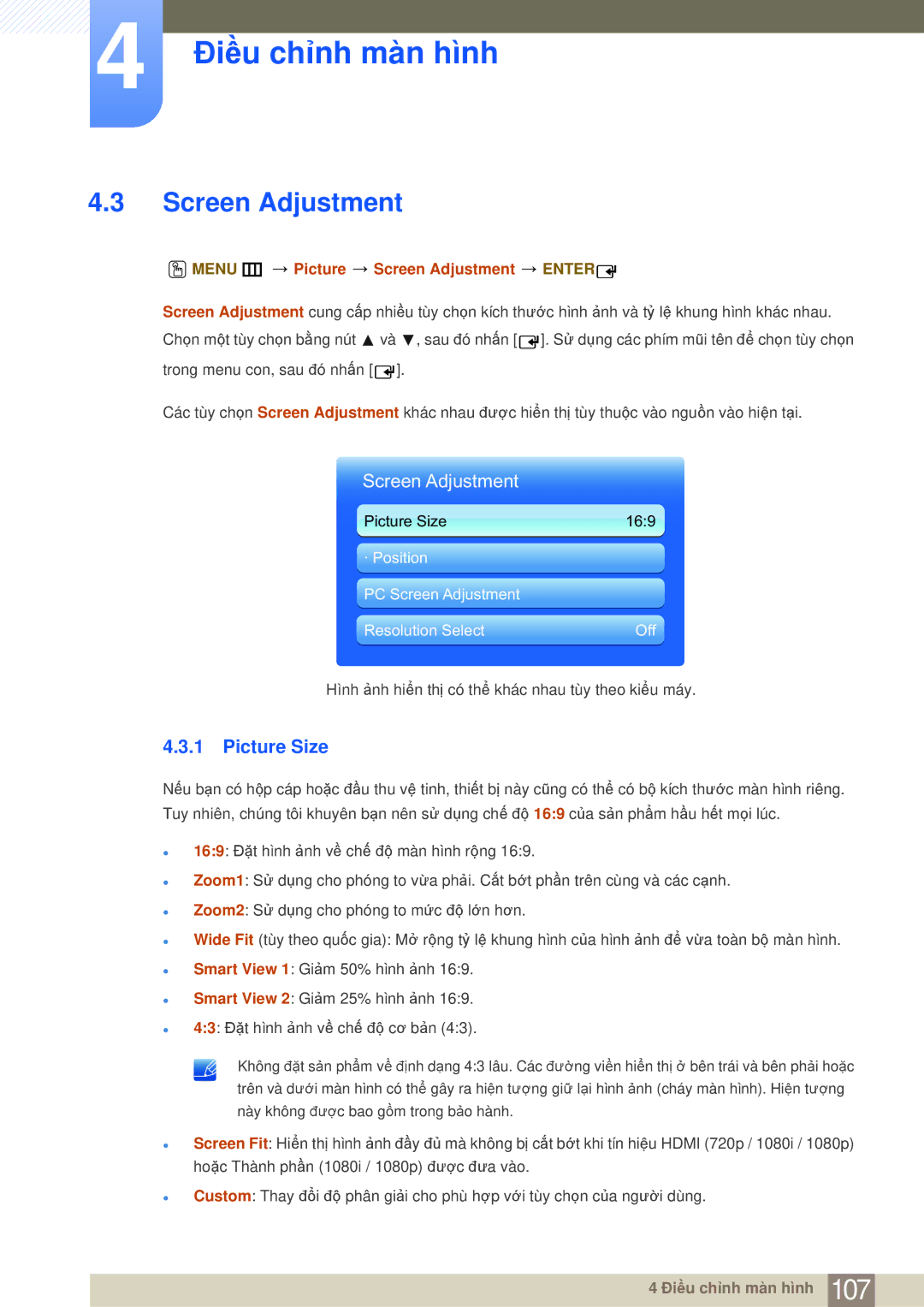 Samsung LH65MEBPLGC/XY, LH75MEBPLGC/XY manual Picture Size, Menu m Picture Screen Adjustment Enter 