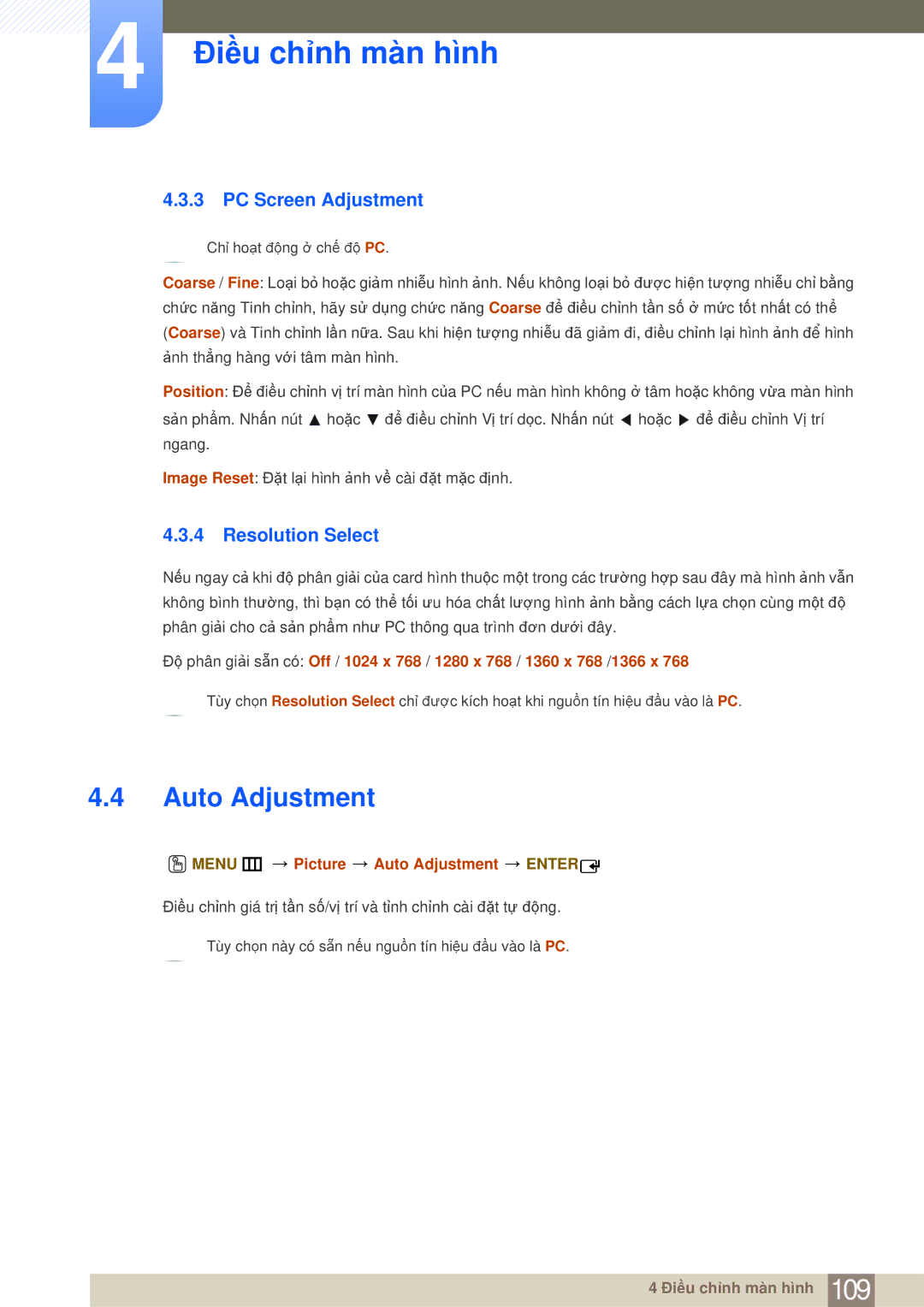 Samsung LH65MEBPLGC/XY, LH75MEBPLGC/XY PC Screen Adjustment, Resolution Select, Menu m Picture Auto Adjustment Enter 