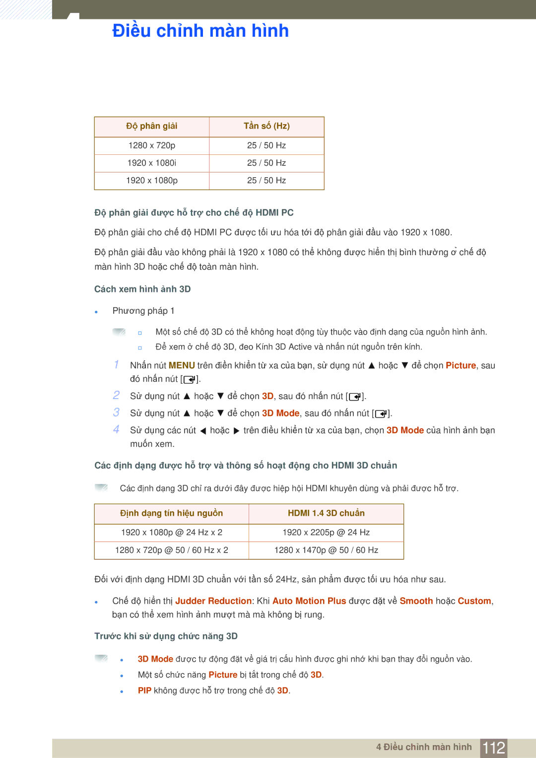 Samsung LH75MEBPLGC/XY manual Độ phân giải Tần số Hz, Độ phân giải được hỗ trợ cho chế độ Hdmi PC, Cách xem hình ảnh 3D 
