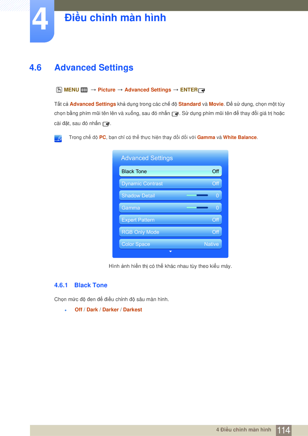 Samsung LH75MEBPLGC/XY manual Black Tone, Menu m Picture Advanced Settings Enter, Off / Dark / Darker / Darkest 