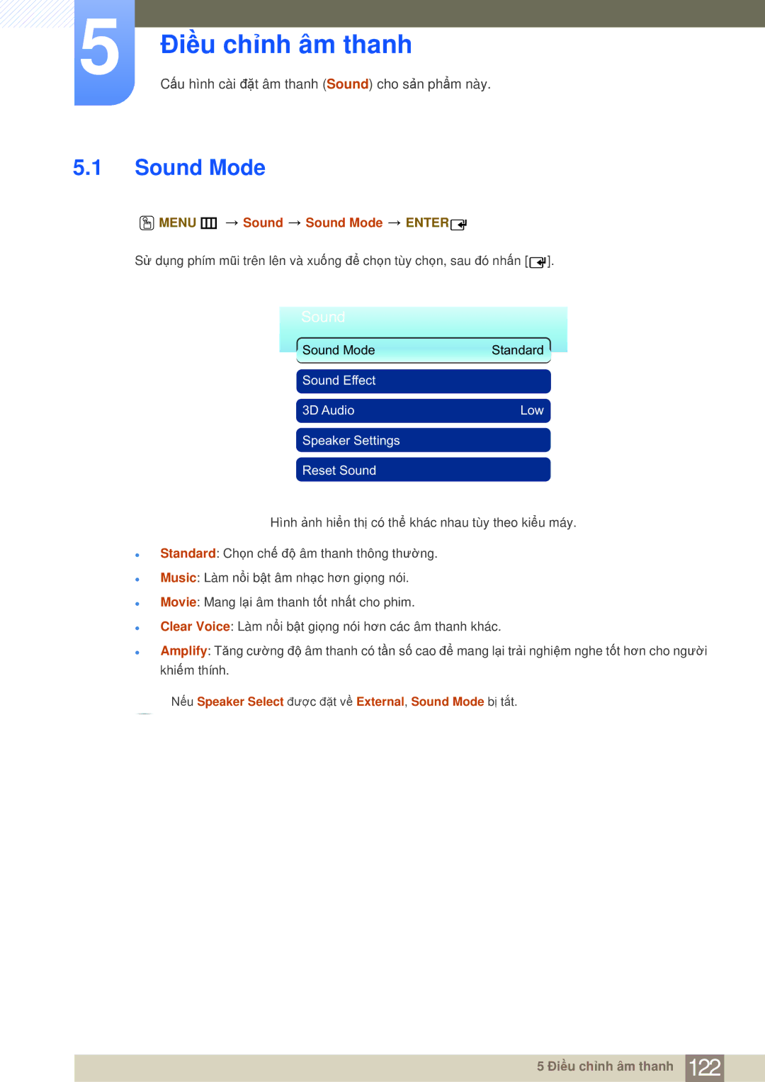 Samsung LH75MEBPLGC/XY, LH65MEBPLGC/XY manual Điều chỉnh âm thanh, Menu m Sound Sound Mode Enter 