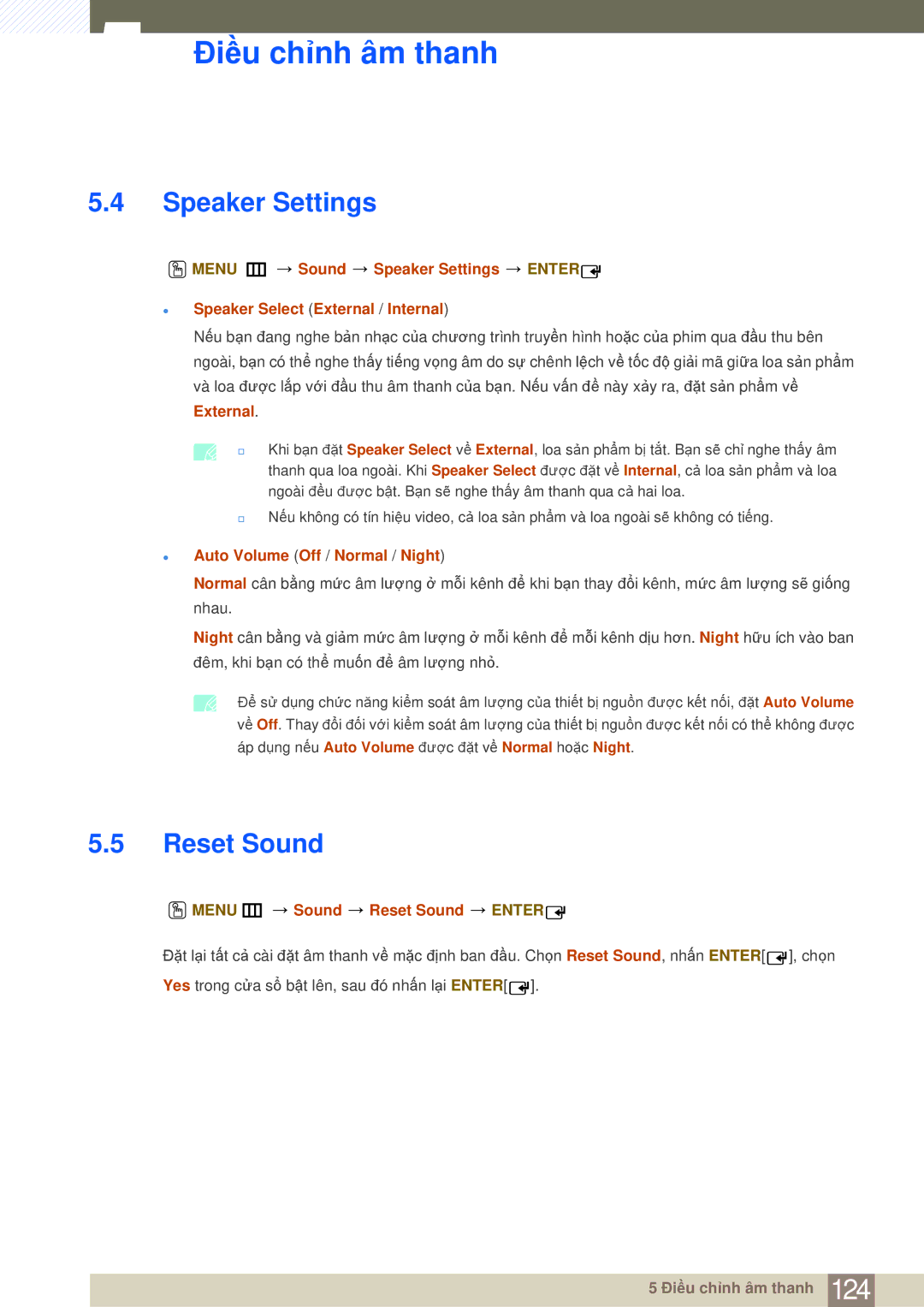 Samsung LH75MEBPLGC/XY manual Speaker Settings, Auto Volume Off / Normal / Night, Menu m Sound Reset Sound Enter 