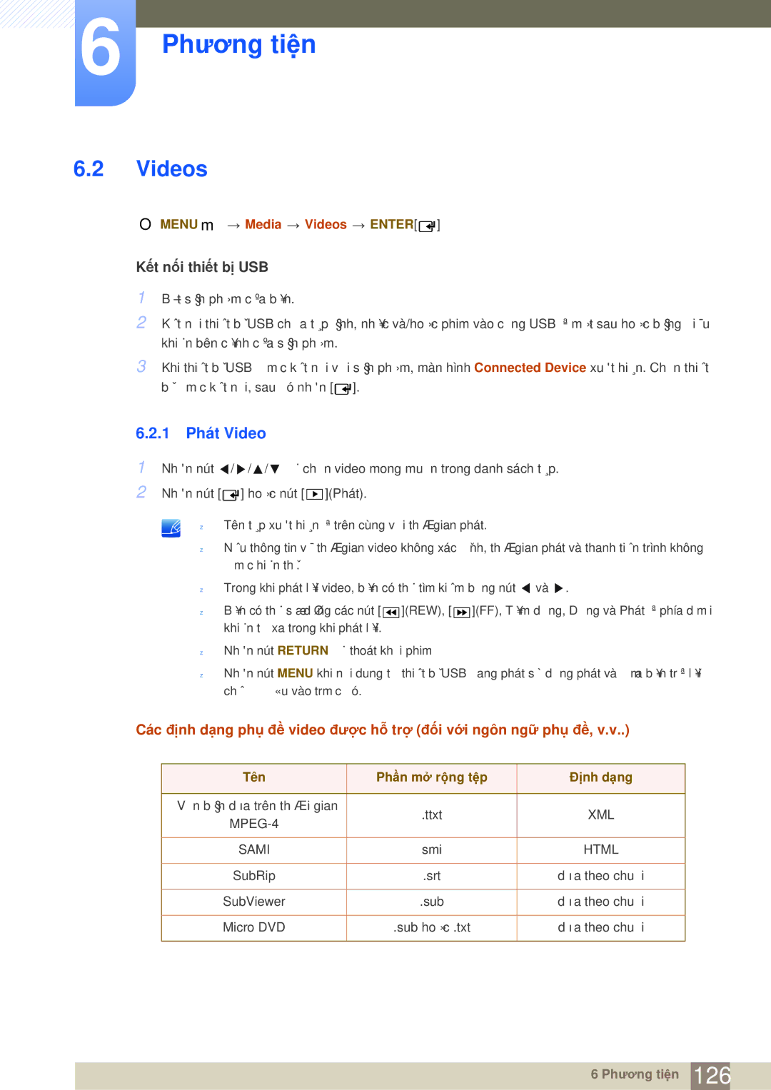Samsung LH75MEBPLGC/XY, LH65MEBPLGC/XY manual 1 Phát Video, Menu m Media Videos Enter, Tên Phần mở rộng tệp Định dạng 