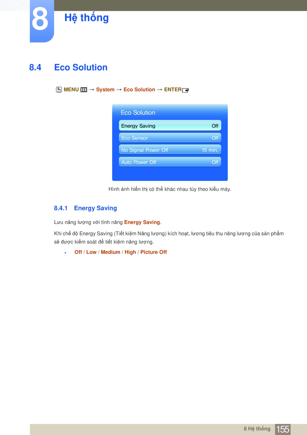 Samsung LH65MEBPLGC/XY manual Energy Saving, Menu m System Eco Solution Enter, Off / Low / Medium / High / Picture Off 