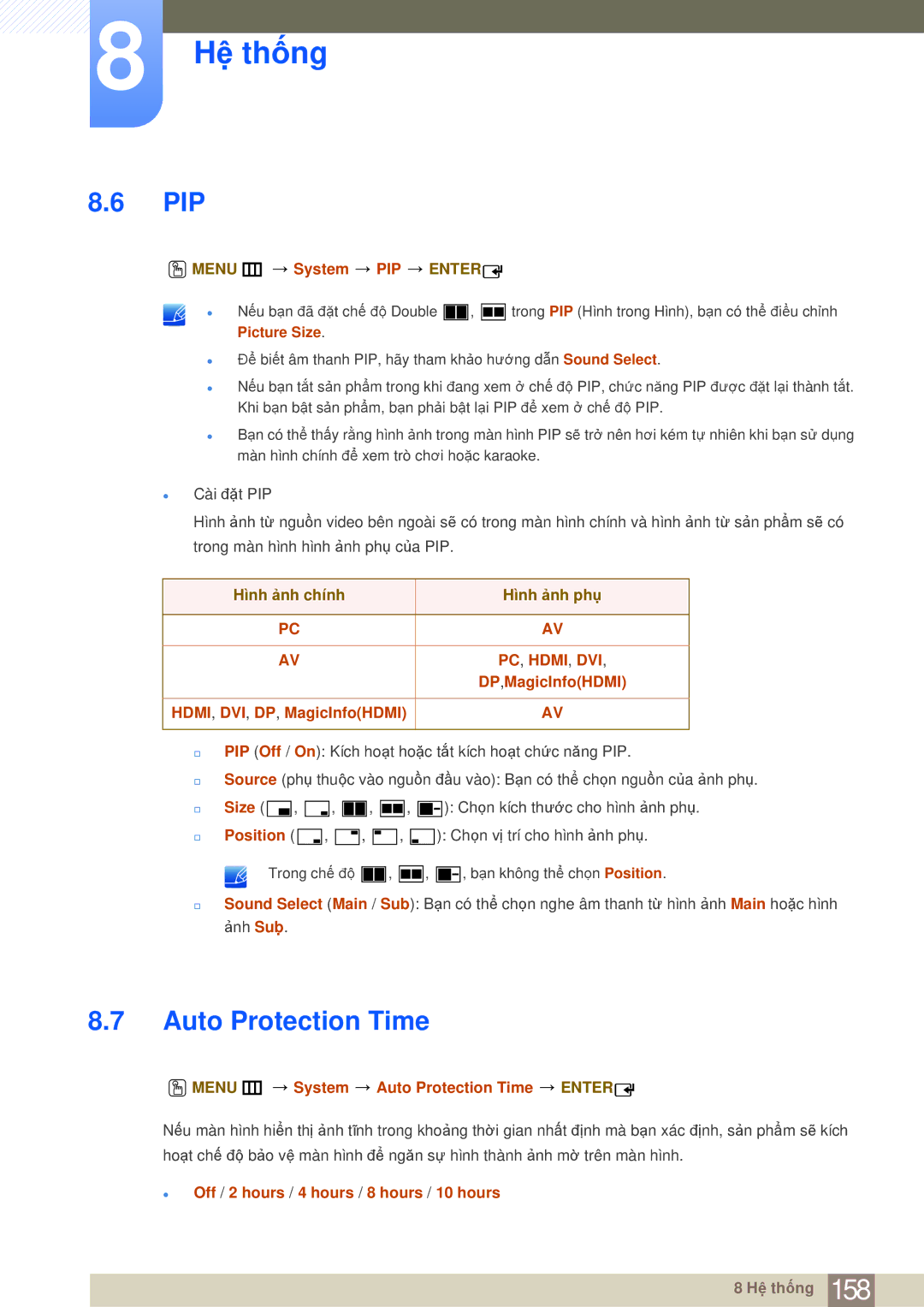 Samsung LH75MEBPLGC/XY, LH65MEBPLGC/XY manual Pip, Auto Protection Time 