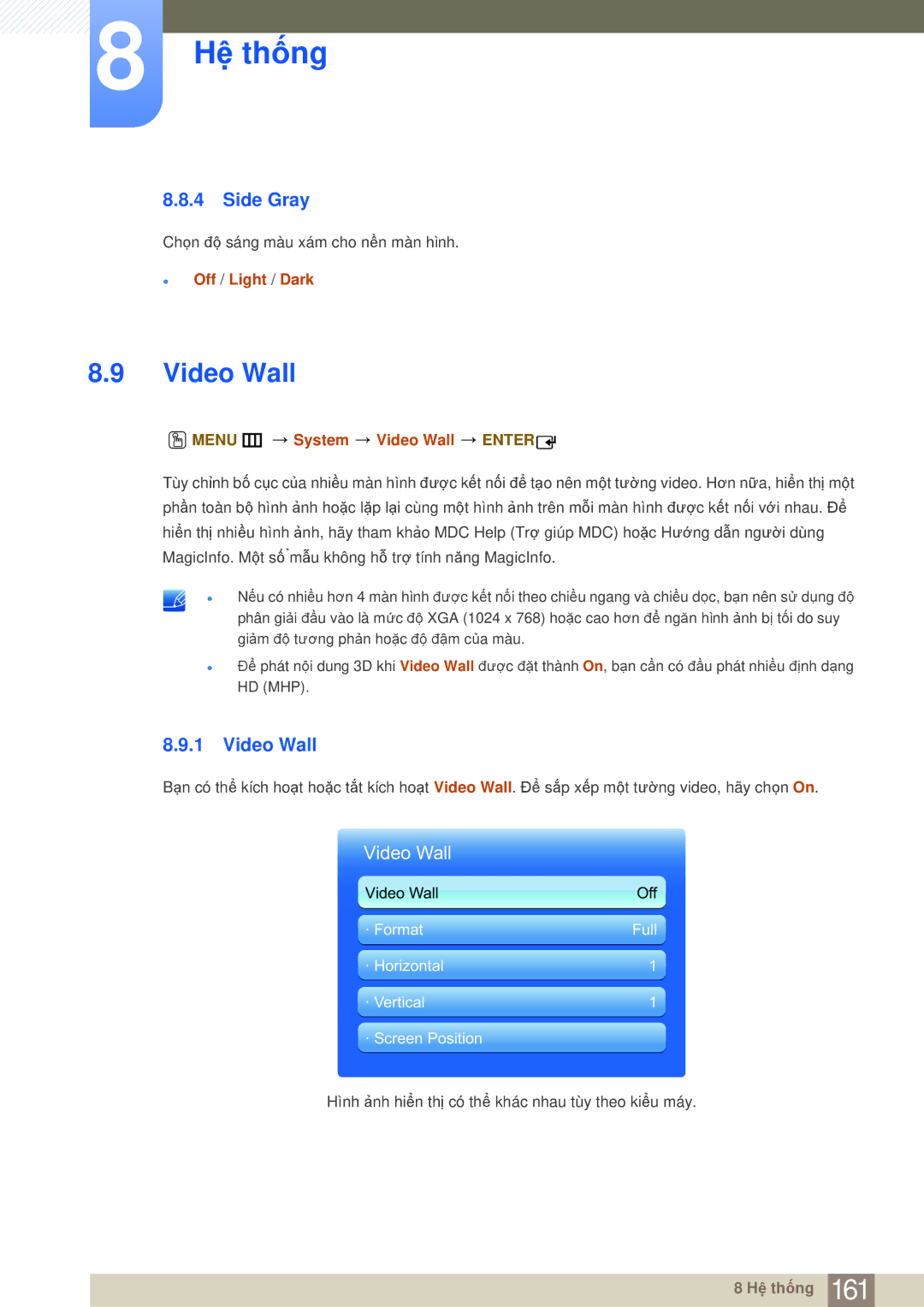 Samsung LH65MEBPLGC/XY, LH75MEBPLGC/XY manual Side Gray, Off / Light / Dark, Menu m System Video Wall Enter 