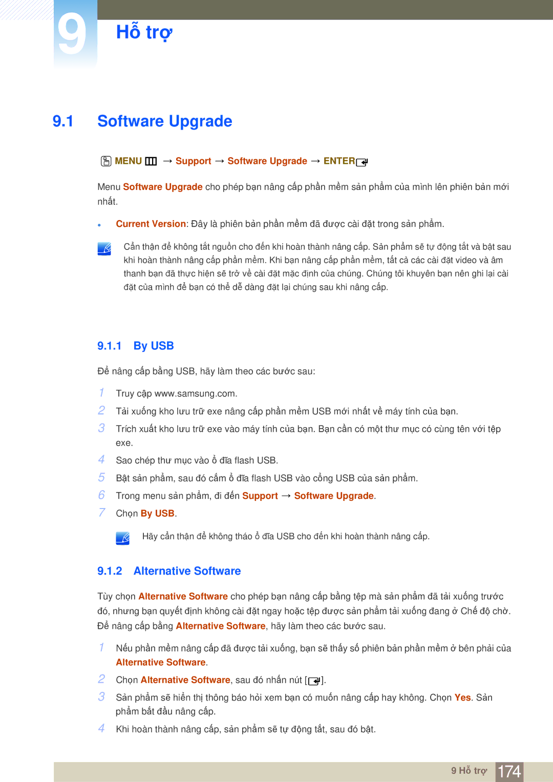 Samsung LH75MEBPLGC/XY, LH65MEBPLGC/XY Hỗ trợ, By USB, Alternative Software, Menu m Support Software Upgrade Enter 