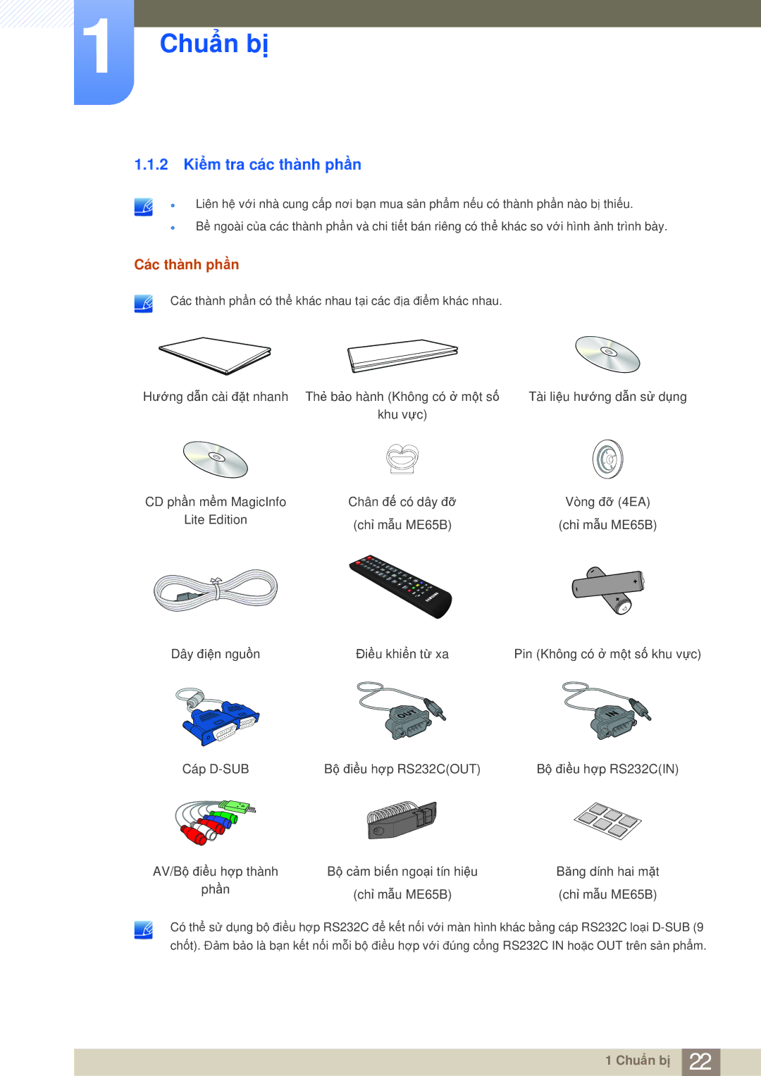 Samsung LH75MEBPLGC/XY, LH65MEBPLGC/XY manual 2 Kiểm tra các thành phần, Các thành phần 