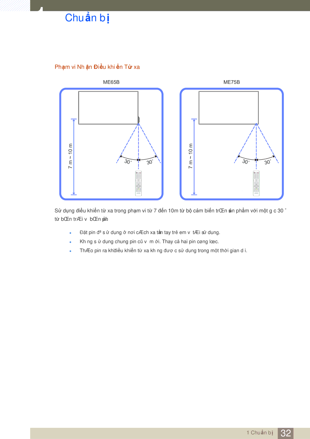 Samsung LH75MEBPLGC/XY, LH65MEBPLGC/XY manual Phạm vi Nhận Điều khiển Từ xa, ME65B 