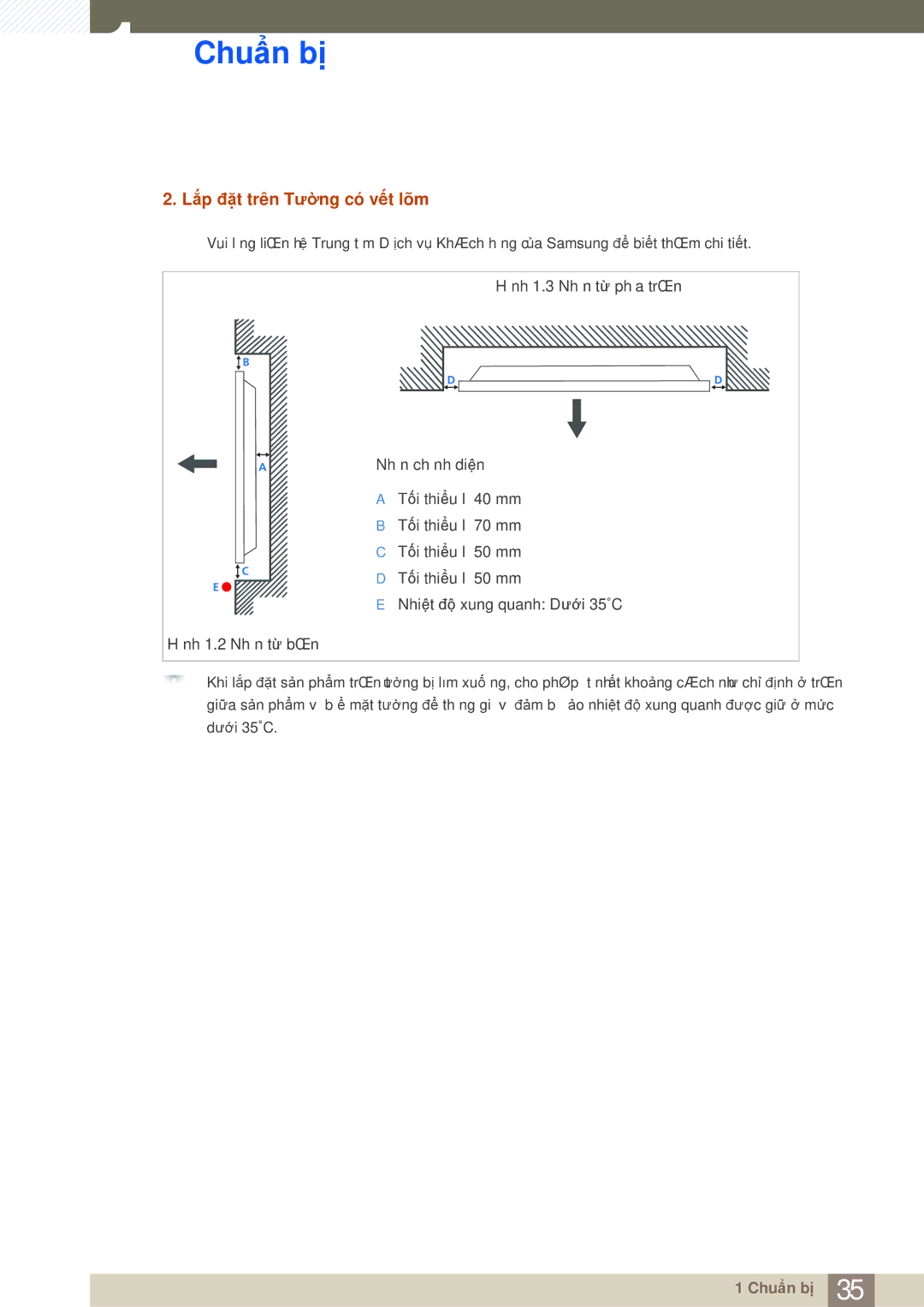 Samsung LH65MEBPLGC/XY, LH75MEBPLGC/XY manual Lắp đặt trên Tường có vết lõm 