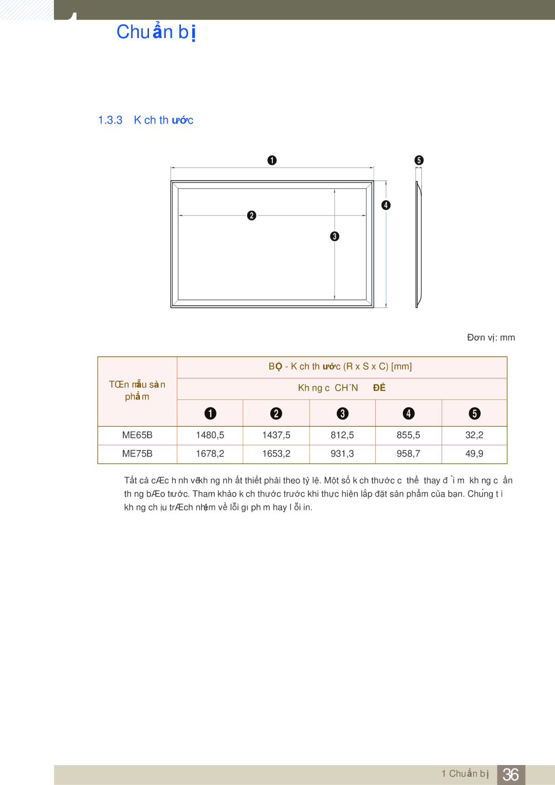 Samsung LH75MEBPLGC/XY, LH65MEBPLGC/XY manual 3 Kích thước, BỘ Kích thước R x S x C mm, Không có Chân ĐẾ 