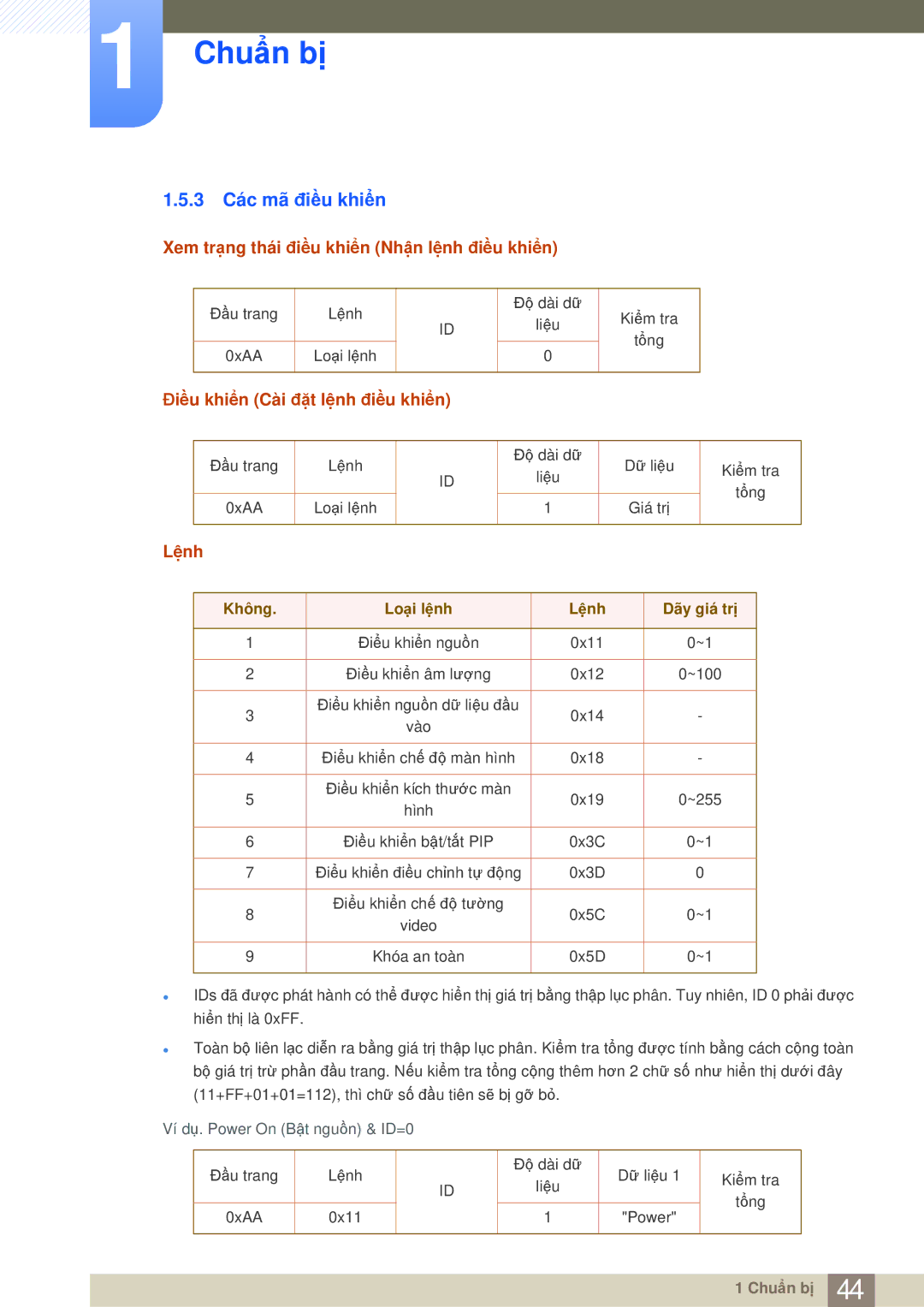 Samsung LH75MEBPLGC/XY, LH65MEBPLGC/XY manual 3 Các mã điều khiển, Xem trạng thái điều khiển Nhận lệnh điều khiển, Lệnh 