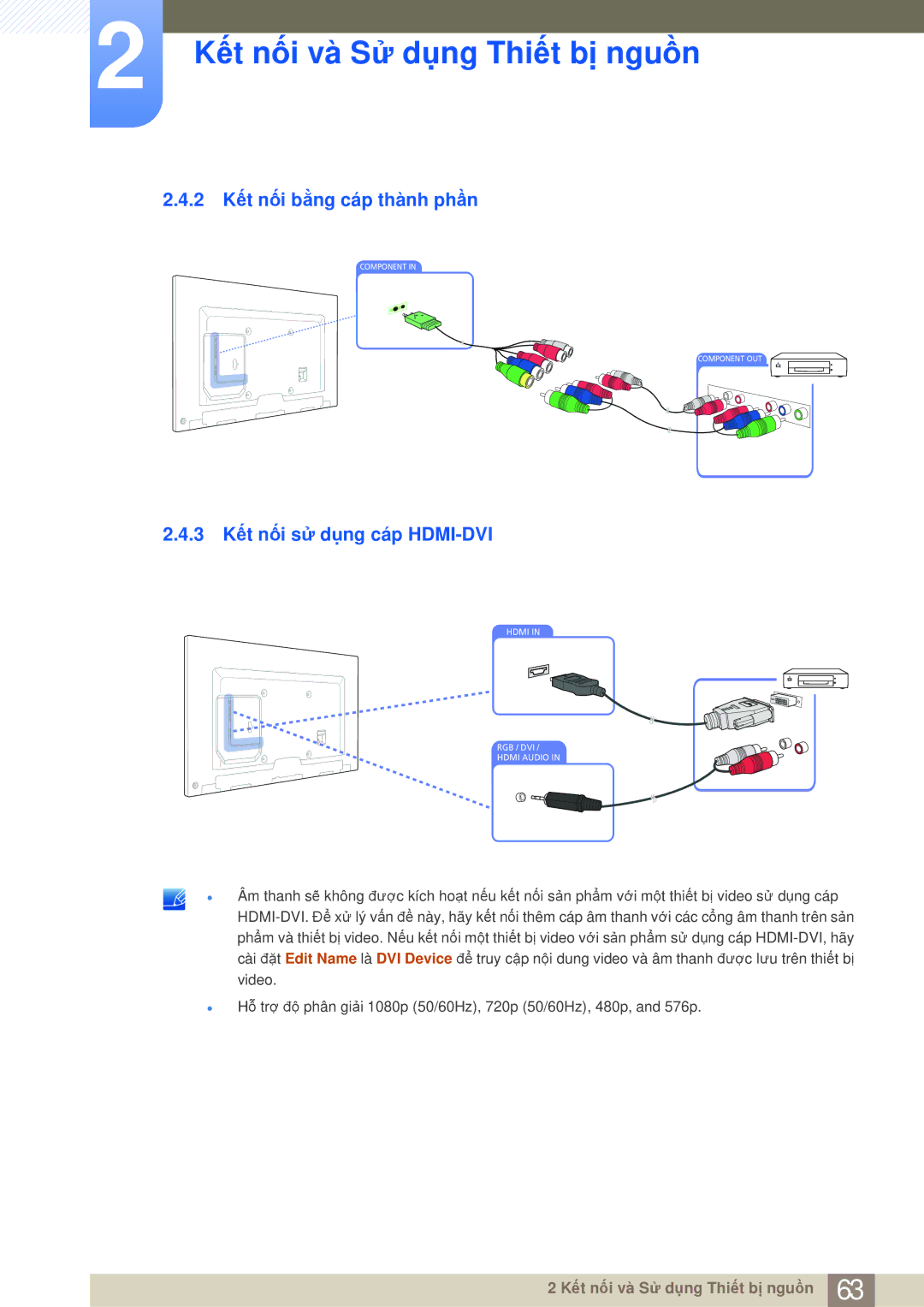 Samsung LH65MEBPLGC/XY, LH75MEBPLGC/XY manual 2 Kết nối bằng cáp thành phần, 3 Kết nối sử dụng cáp HDMI-DVI 