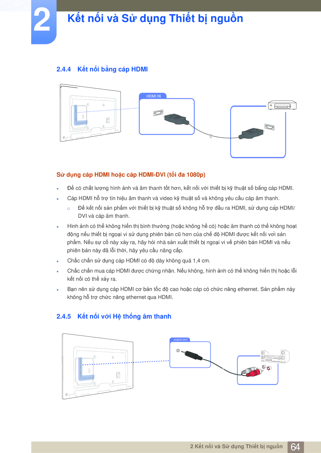 Samsung LH75MEBPLGC/XY, LH65MEBPLGC/XY manual 4 Kết nối bằng cáp Hdmi, 5 Kết nối với Hệ thống âm thanh 