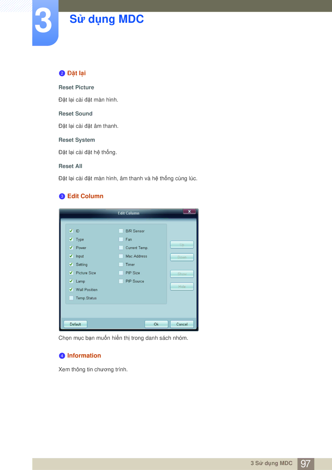 Samsung LH65MEBPLGC/XY, LH75MEBPLGC/XY manual Đặt lại, Edit Column, Information 