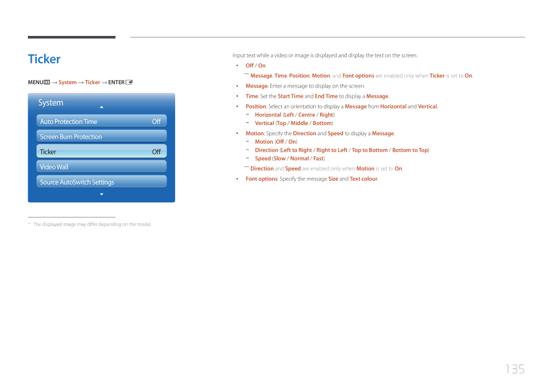 Samsung LH75MECPLGC/XY, LH75MECPLGC/EN manual 135, MENUm → System → Ticker → Entere, Vertical Top / Middle / Bottom 