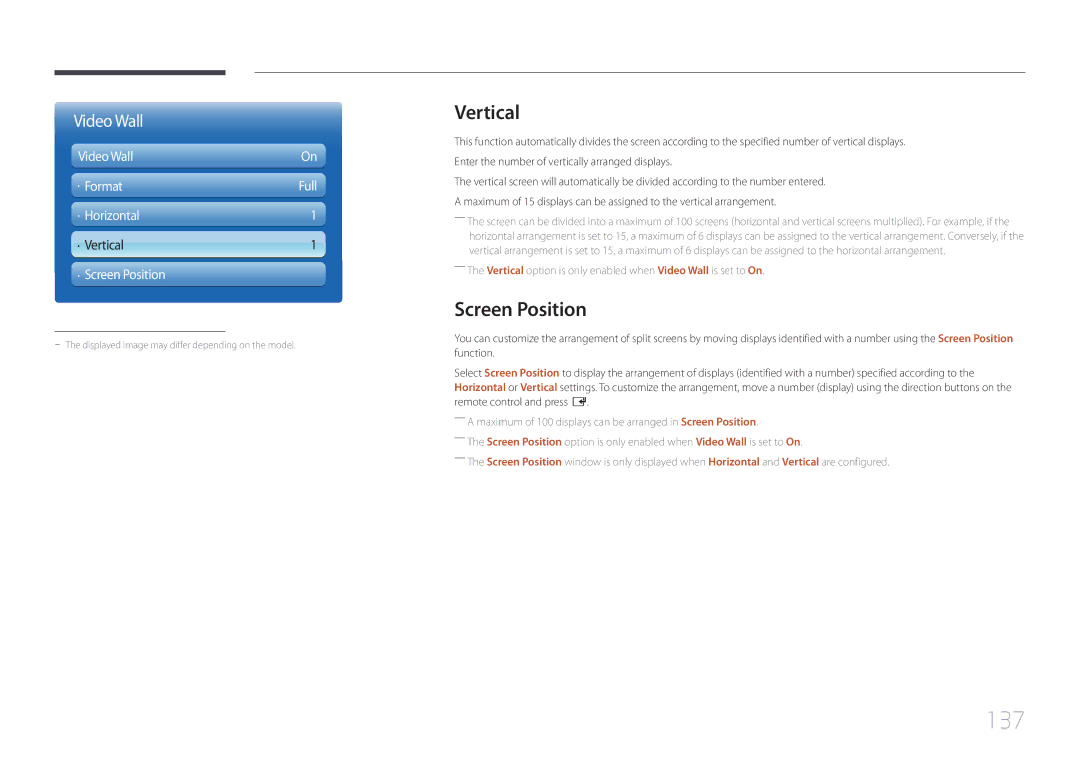 Samsung LH75MECPLGC/UE, LH75MECPLGC/EN, LH75MECPLGC/NG, LH75MECPLGC/XY manual 137, Vertical, Screen Position 