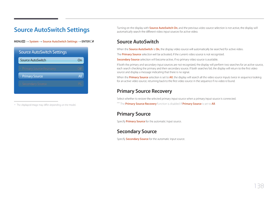 Samsung LH75MECPLGC/NG, LH75MECPLGC/EN, LH75MECPLGC/UE, LH75MECPLGC/XY manual Source AutoSwitch Settings, 138 