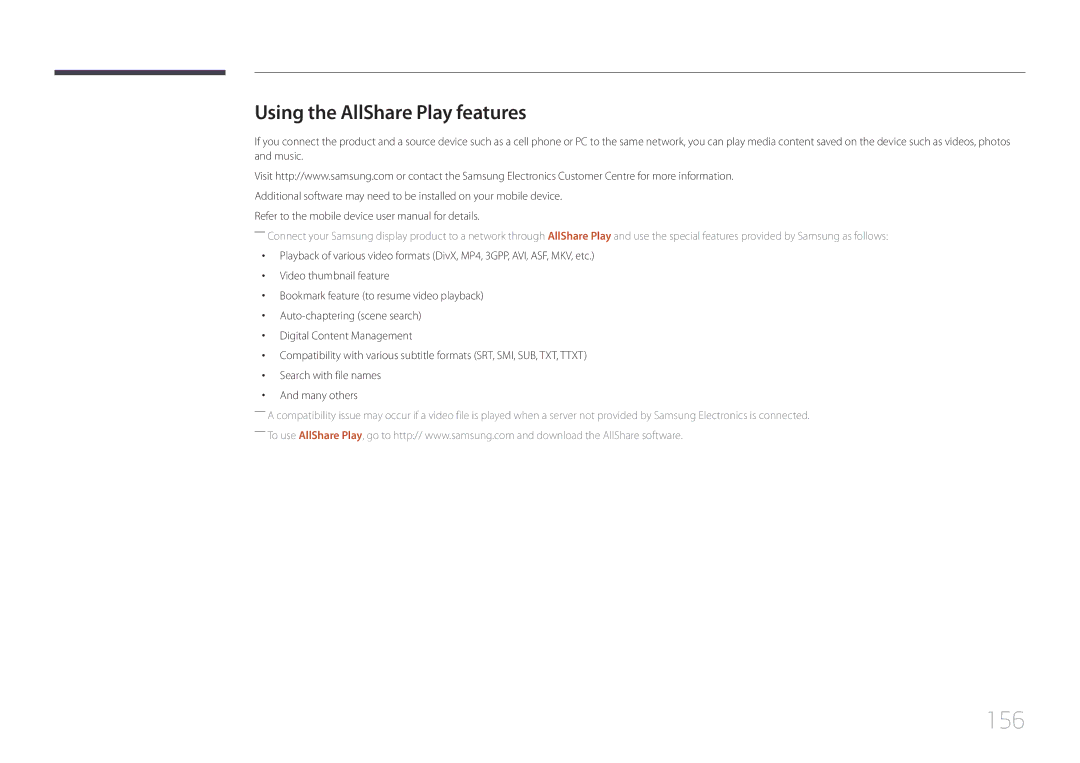 Samsung LH75MECPLGC/EN, LH75MECPLGC/UE, LH75MECPLGC/NG, LH75MECPLGC/XY manual 156, Using the AllShare Play features 