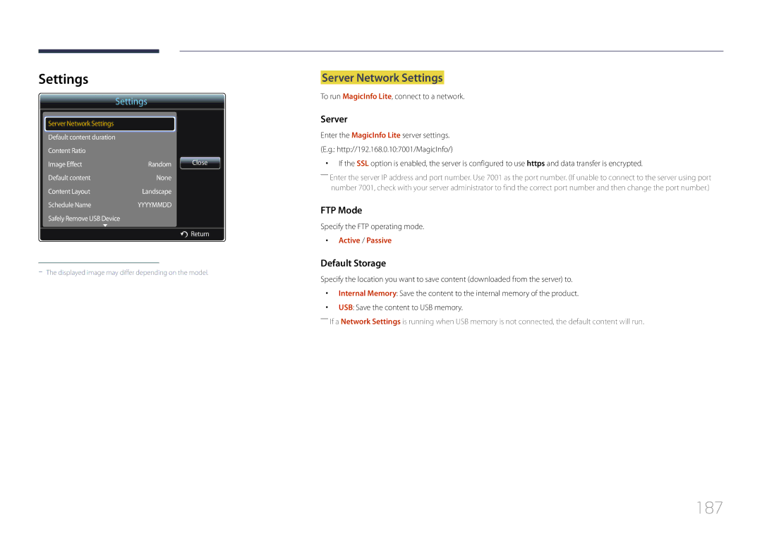 Samsung LH75MECPLGC/XY, LH75MECPLGC/EN, LH75MECPLGC/UE, LH75MECPLGC/NG 187, Server Network Settings, Active / Passive 