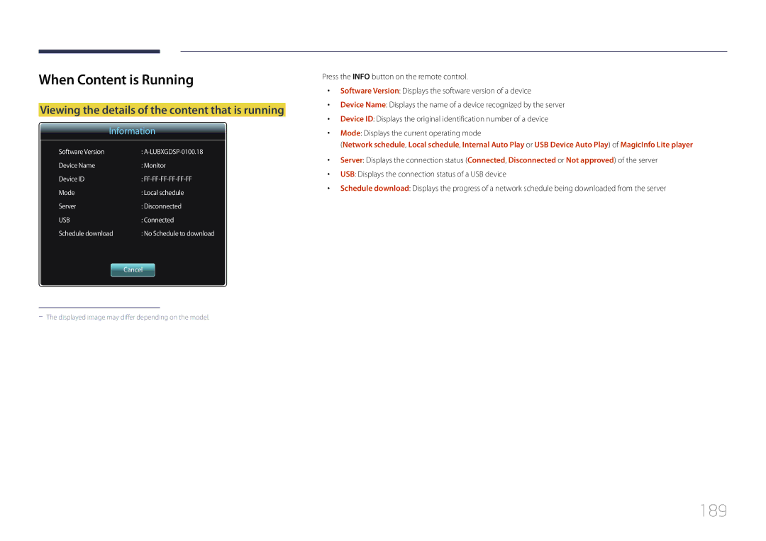 Samsung LH75MECPLGC/UE, LH75MECPLGC/EN 189, When Content is Running, Viewing the details of the content that is running 