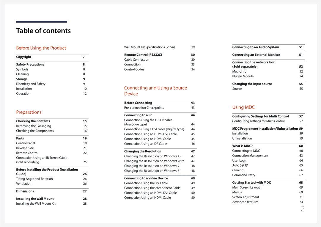 Samsung LH75MECPLGC/NG, LH75MECPLGC/EN, LH75MECPLGC/UE, LH75MECPLGC/XY manual Table of contents 