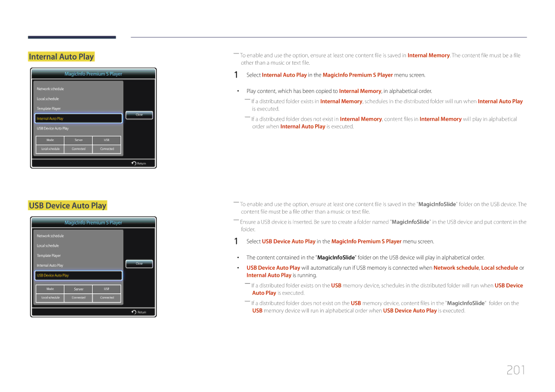 Samsung LH75MECPLGC/UE, LH75MECPLGC/EN, LH75MECPLGC/NG, LH75MECPLGC/XY manual 201, Internal Auto Play 