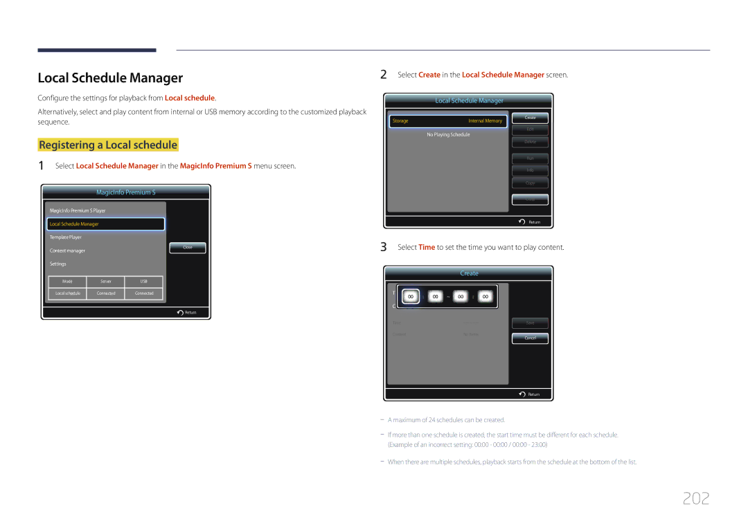 Samsung LH75MECPLGC/NG, LH75MECPLGC/EN, LH75MECPLGC/UE, LH75MECPLGC/XY manual 202, Local Schedule Manager 