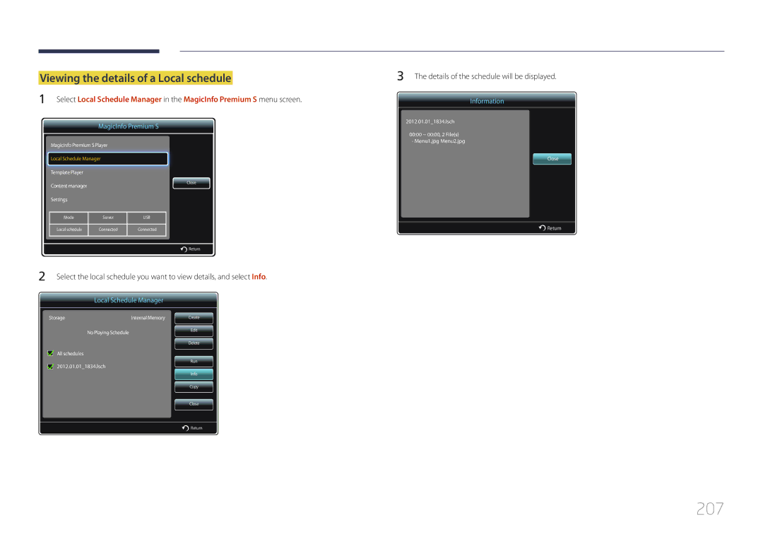 Samsung LH75MECPLGC/XY, LH75MECPLGC/EN, LH75MECPLGC/UE, LH75MECPLGC/NG manual 207, Viewing the details of a Local schedule 