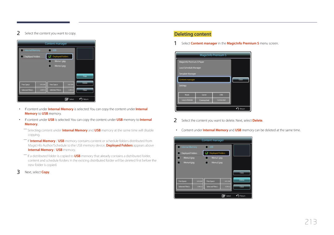 Samsung LH75MECPLGC/UE, LH75MECPLGC/EN, LH75MECPLGC/NG, LH75MECPLGC/XY manual 213, Deleting content 