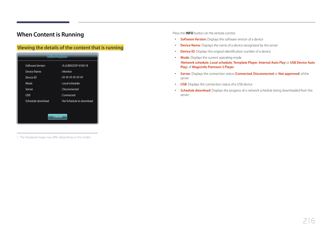 Samsung LH75MECPLGC/EN, LH75MECPLGC/UE, LH75MECPLGC/NG, LH75MECPLGC/XY manual 216, When Content is Running 