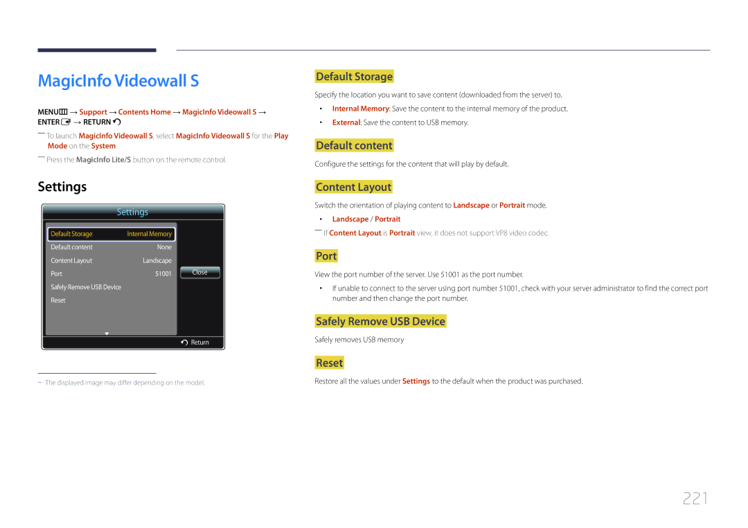 Samsung LH75MECPLGC/UE, LH75MECPLGC/EN, LH75MECPLGC/NG, LH75MECPLGC/XY MagicInfo Videowall S, 221, Default Storage, Port 